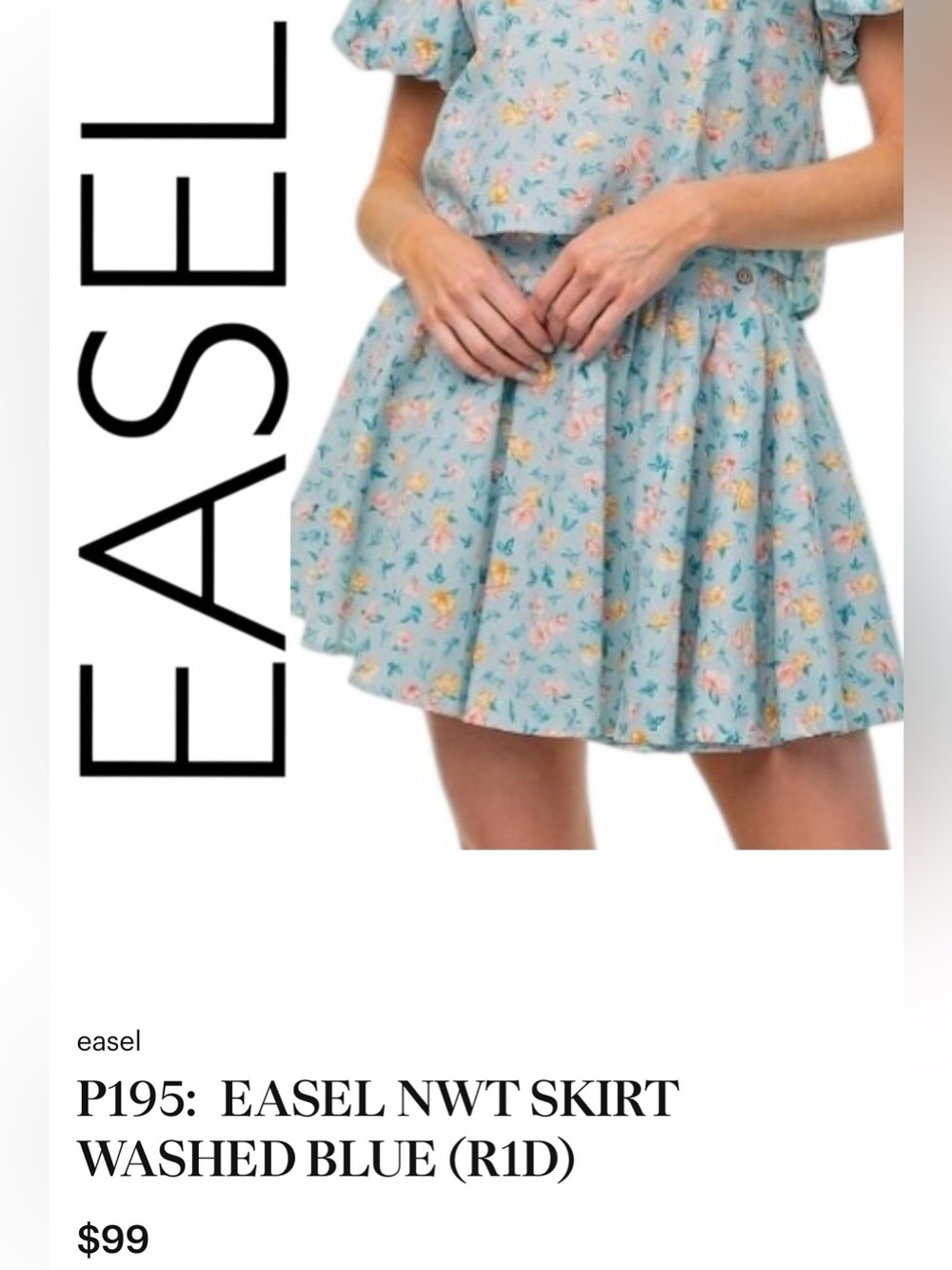 easel Light Washed Blue w/Multi-colored Floral Print Circle Skirt_sz M